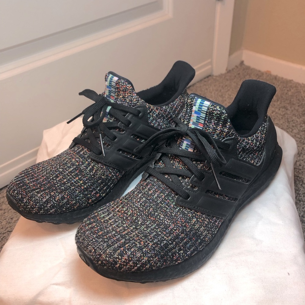 Adidas “Ultra Boost” Black with Rainbow Mesh Men Size 8- Like New!